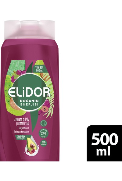 Elidor Doğanın Enerjisi Saç Bakım Şampuanı Avokado ve Üzüm Çekirdeği Yağı Güçlendirici ve Parlaklık Kazandırıcı 500 ml