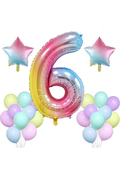 Bal10 Dünyası Gökkuşağı Konsepti 6 Yaş Doğum Günü Parti Kutlama Seti; Rakam ve Yıldız Folyo,pastel Balon
