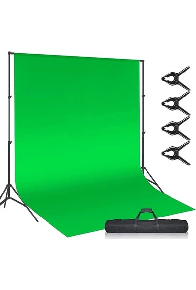 Greenbox Chromakey-Green Screen Yeşil Fon Perde 3X4M + Fon Standı 2x8 Metre + 4 Mandal