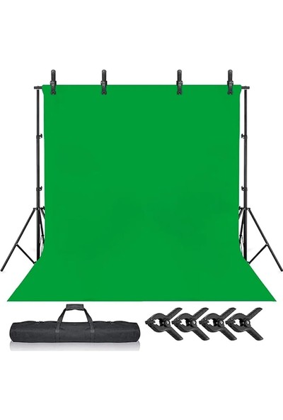 Greenbox Chromakey-Green Screen Yeşil Fon Perde 3X4M + Fon Standı 2x8 Metre + 4 Mandal