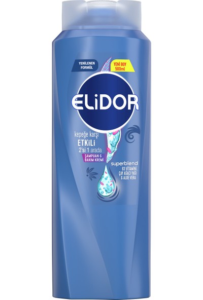 Elidor Superblend 2'si 1 Arada Şampuan ve Saç Bakım Kremi Kepeğe Karşı Etkili B3 Vitamini Çay Ağacı Yağı Aloe Vera 500 ml
