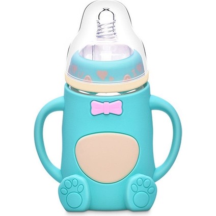 Bebek Silikon Cam Şişeler Damla Geçirmez ve Şişkinlik Geçirmez Cam Biberon (Stil 2 Mavi-Mavi)