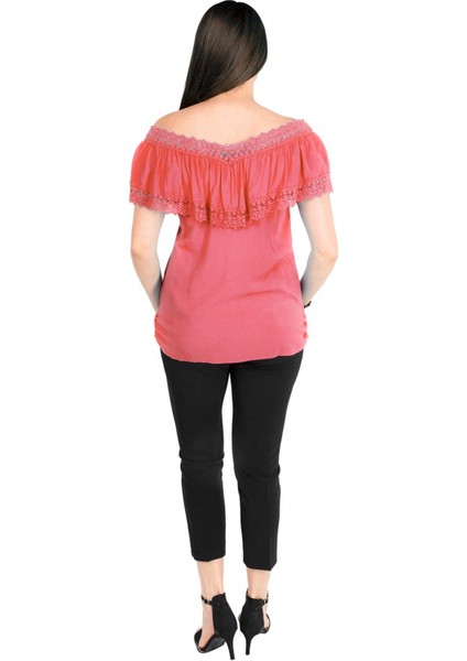 Zerotantik Fırfırlı Dantel Yaka Büyük Beden Bluz Mercan fiyatları