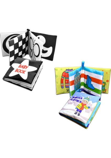 2 Kitap Tox Ingilizce Siyah-Beyaz Bebek ve Kışlık Giysiler Kumaş Sessiz Kitap E136 E124 - Bez Kitap , Eğitici Oyuncak , Yumuşak ve Hışırtılı