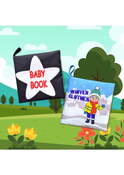 2 Kitap Tox Ingilizce Siyah-Beyaz Bebek ve Kışlık Giysiler Kumaş Sessiz Kitap E136 E124 - Bez Kitap , Eğitici Oyuncak , Yumuşak ve Hışırtılı