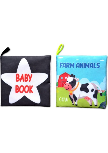 2 Kitap Tox Ingilizce Siyah-Beyaz Bebek ve Çiftlik Hayvanları Kumaş Sessiz Kitap E136 E119 - Bez Kitap , Eğitici Oyuncak , Yumuşak ve Hışırtılı