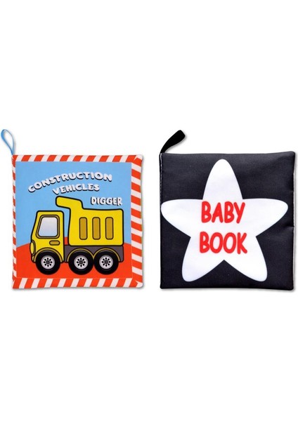 2 Kitap Tox Ingilizce Iş Makinaları ve Siyah - Beyaz Bebek Kumaş Sessiz Kitap E118 E136 - Bez Kitap , Eğitici Oyuncak , Yumuşak ve Hışırtılı