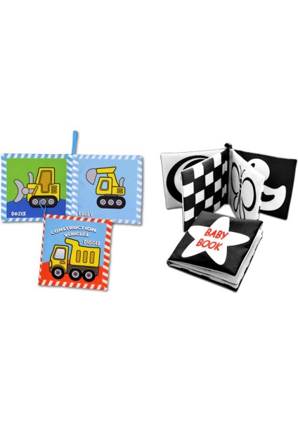 2 Kitap Tox Ingilizce Iş Makinaları ve Siyah - Beyaz Bebek Kumaş Sessiz Kitap E118 E136 - Bez Kitap , Eğitici Oyuncak , Yumuşak ve Hışırtılı