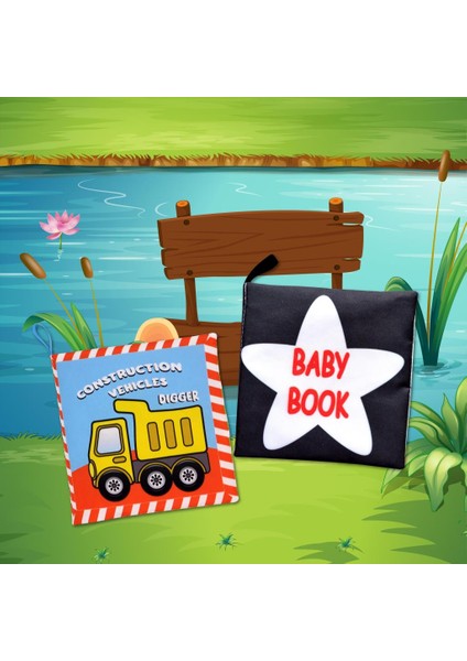 2 Kitap Tox Ingilizce Iş Makinaları ve Siyah - Beyaz Bebek Kumaş Sessiz Kitap E118 E136 - Bez Kitap , Eğitici Oyuncak , Yumuşak ve Hışırtılı
