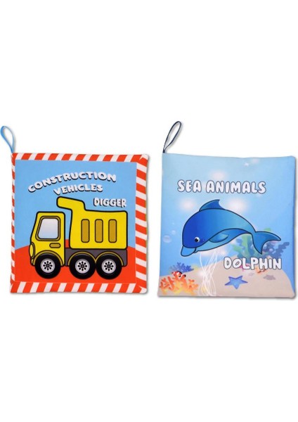 2 Kitap Tox Ingilizce Iş Makinaları ve Deniz Canlıları Kumaş Sessiz Kitap E118 E122 - Bez Kitap , Eğitici Oyuncak , Yumuşak ve Hışırtılı