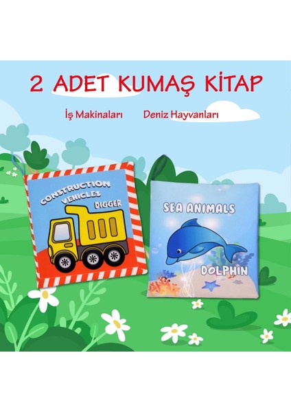2 Kitap Tox Ingilizce Iş Makinaları ve Deniz Canlıları Kumaş Sessiz Kitap E118 E122 - Bez Kitap , Eğitici Oyuncak , Yumuşak ve Hışırtılı