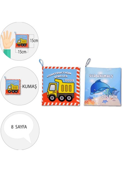 2 Kitap Tox Ingilizce Iş Makinaları ve Deniz Canlıları Kumaş Sessiz Kitap E118 E122 - Bez Kitap , Eğitici Oyuncak , Yumuşak ve Hışırtılı