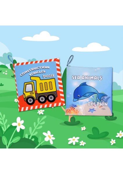 2 Kitap Tox Ingilizce Iş Makinaları ve Deniz Canlıları Kumaş Sessiz Kitap E118 E122 - Bez Kitap , Eğitici Oyuncak , Yumuşak ve Hışırtılı