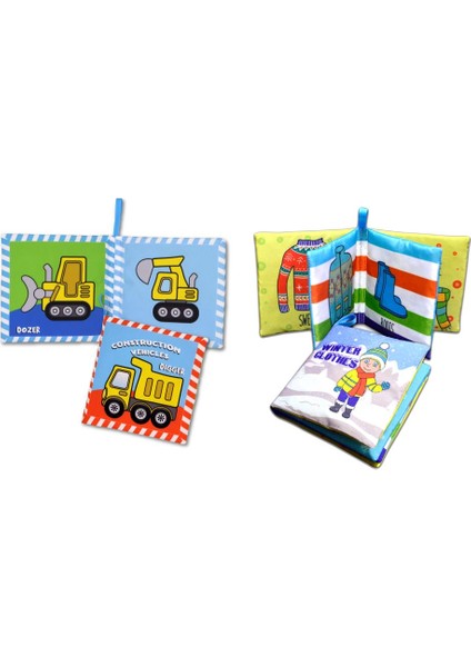 2 Kitap Tox Ingilizce Iş Makinaları ve Kışlık Giysiler Kumaş Sessiz Kitap E118 E124 - Bez Kitap , Eğitici Oyuncak , Yumuşak ve Hışırtılı