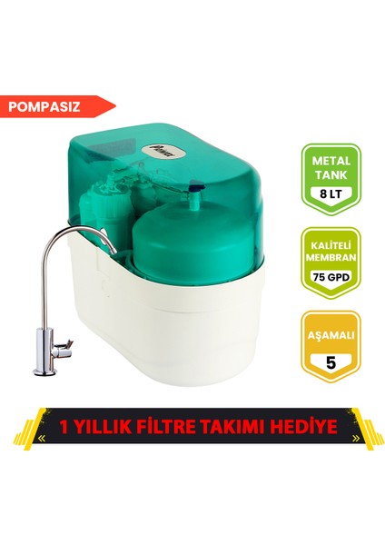 Pompasız Primax Su Arıtma Cihazı (Yeşil) + 1 Yıllık Filtre Seti Hediyeli