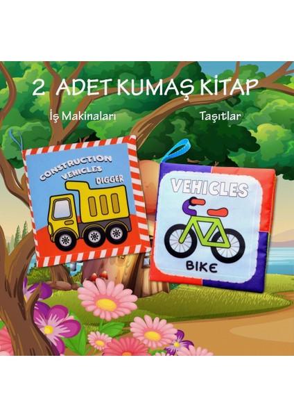 2 Kitap Tox Ingilizce Iş Makinaları ve Taşıtlar Kumaş Sessiz Kitap E118 E132 - Bez Kitap , Eğitici Oyuncak , Yumuşak ve Hışırtılı