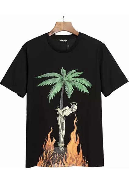 Büyük Beden Palmiye Iskelet Baskili %100 Bambu Ultra Hafif Özel Tasarim Erkek T-Shirt