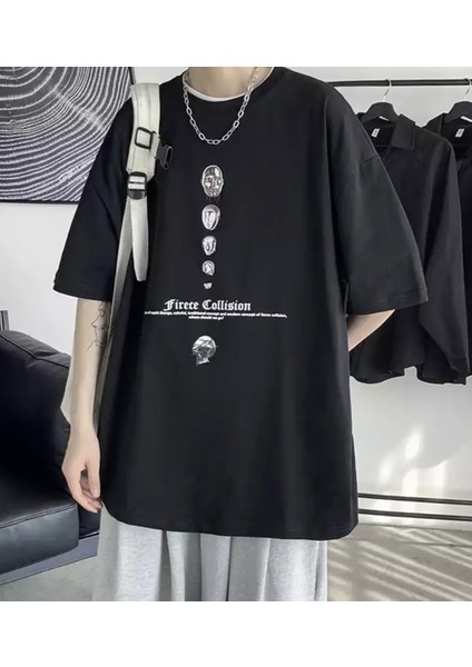 Firece Collision Dijital Baskili %100 Pamuk Oversize Sokak Stili Hip Hop Erkek T-Shirt