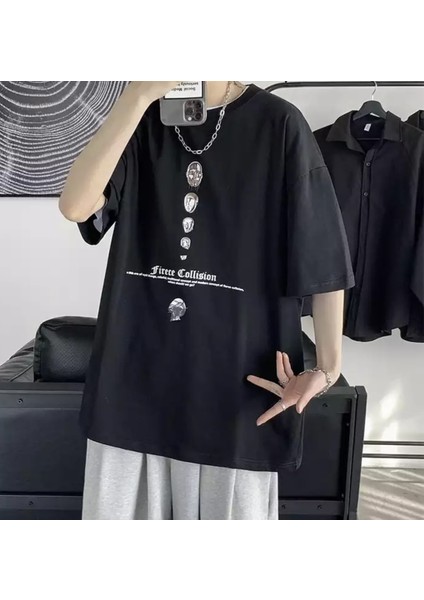 Firece Collision Dijital Baskili %100 Pamuk Oversize Sokak Stili Hip Hop Erkek T-Shirt fiyatları