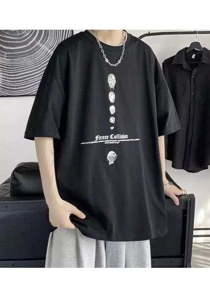 Firece Collision Dijital Baskili %100 Pamuk Oversize Sokak Stili Hip Hop Erkek T-Shirt modelleri