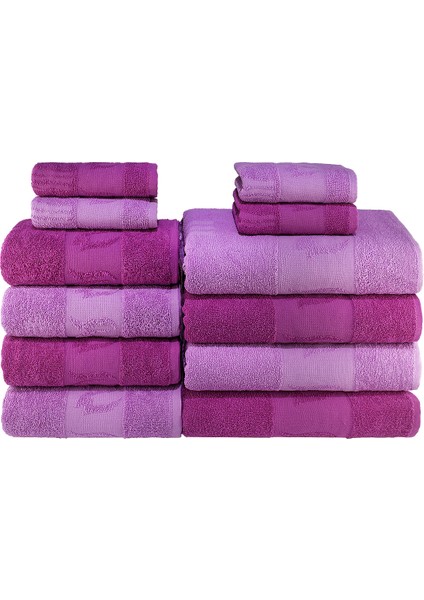 Lale Desenli Pamuk Banyo Havlu Seti 12 Adet, 4 Banyo Havlusu, 4 El Havlusu, ve 4 Yüz Havlusu, -Comfort- Lila, Mürdüm, fiyatları