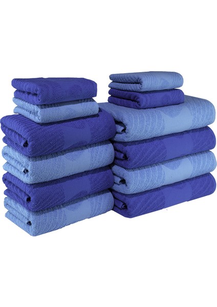 Su Damlası Desenli Pamuk Banyo Havlu Seti 12 Adet, 4 Banyo Havlusu, 4 El Havlusu, ve 4 Yüz Havlusu, -Comfort- Açık Mavi, Mavi,