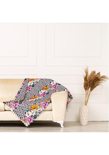 Siyah Beyaz Zigzag Zemin Üzerine Baskılı Zambak Desen Dokuma Dijital Baskılı Kadife Şönil Koltuk Örtüsü Şalı 175X215CM