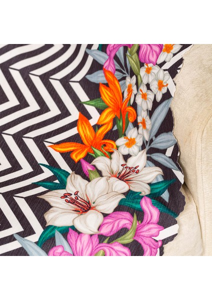 Siyah Beyaz Zigzag Zemin Üzerine Baskılı Zambak Desen Dokuma Dijital Baskılı Kadife Şönil Koltuk Örtüsü Şalı 175X215CM fiyatları