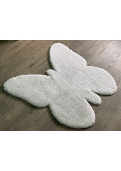 Yumuşak Tüylü Yıkanabilir Premium Tavşan Post Peluş Halı Kelebek Desen Beyaz modelleri