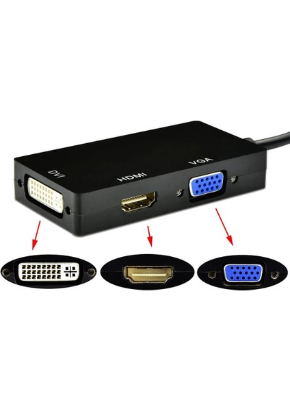 Mini Displayport VGA DVI HDMI Çevirici 3 In 1 Mini Dp Erkek DVI HDMI VGA Dişi Thunderbolt