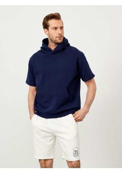 Pamuk Kapüşonlu Oversize Kısa Kollu Basic Sweatshirt