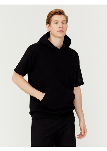 Pamuk Kapüşonlu Oversize Kısa Kollu Basic Sweatshirt