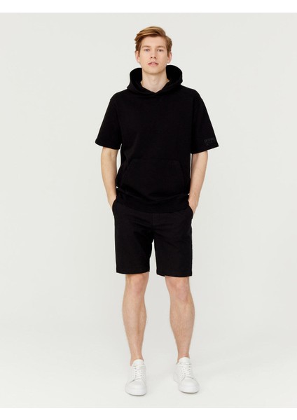 Pamuk Kapüşonlu Oversize Kısa Kollu Basic Sweatshirt