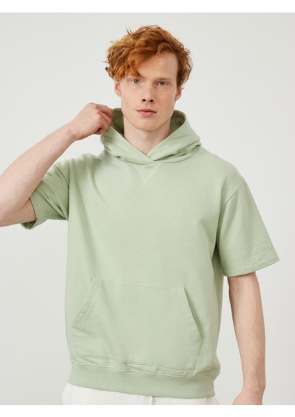 Pamuk Kapüşonlu Oversize Kısa Kollu Basic Sweatshirt