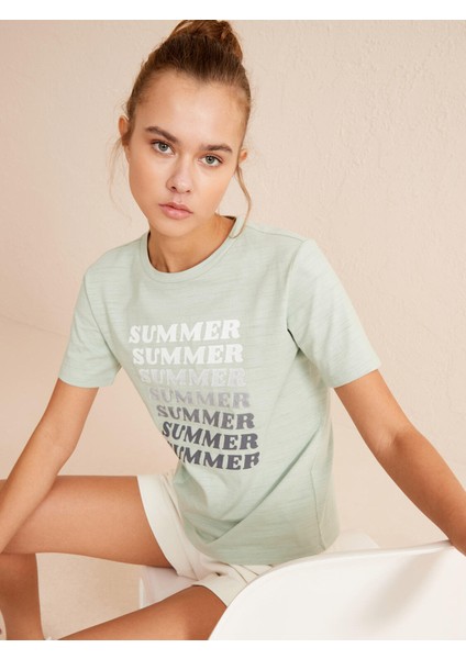 Bisiklet Yaka Pamuk Rahat Kesim Baskılı T-Shirt
