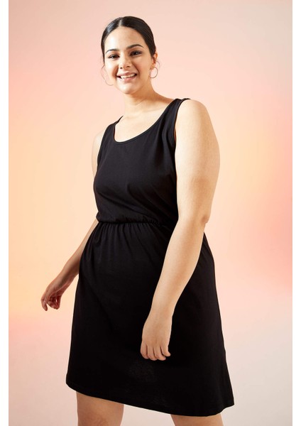 Askılı Basic Beli Büzgülü Relax Fit Mini Yazlık %100 Pamuk Elbise T8056AZ21SM