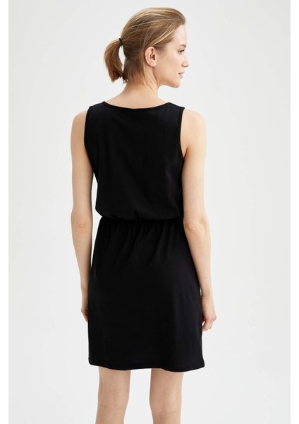 Askılı Basic Beli Büzgülü Relax Fit Mini Yazlık %100 Pamuk Elbise T8056AZ21SM