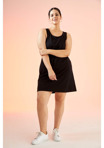 Askılı Basic Beli Büzgülü Relax Fit Mini Yazlık %100 Pamuk Elbise T8056AZ21SM