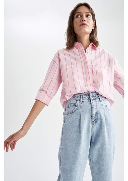 Relax Fit Çift Cepli Çizgili Poplin Gömlek U9413AZ21SM