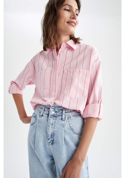 Relax Fit Çift Cepli Çizgili Poplin Gömlek U9413AZ21SM