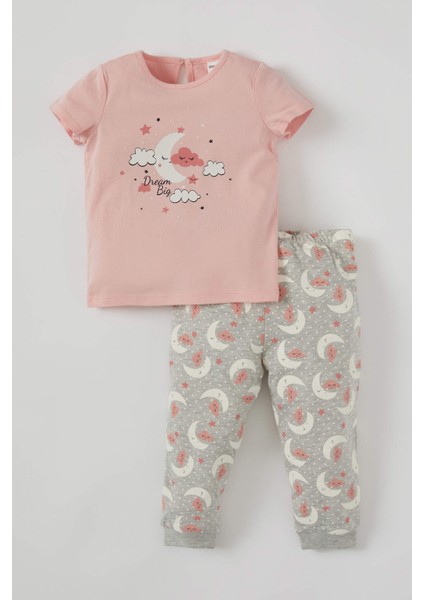 Kız Bebek Sevimli Ay Desenli Kısa Kol Pamuklu Pijama Takımı T8950A221SP