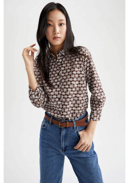 Regular Fit Gömlek Yaka Desenli Uzun Kollu Gömlek Tunik W7741AZ22SM