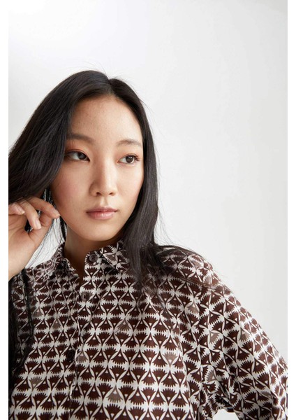 Regular Fit Gömlek Yaka Desenli Uzun Kollu Gömlek Tunik W7741AZ22SM