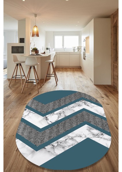 Esta Mavi Zikzak ve Mermer Desenli Oval Halı (Makinada Yıkanabilir Kaymaz Dot Taban) - ES1253-2