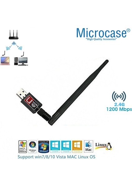 2.4ghz 1200 Mbps USB Wireless Adaptör Wifi Anten 15 cm - AL2751