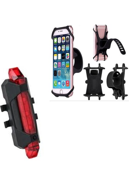 Bisiklet Arka Stop Uyarı Ikaz Işığı Şarjlı 4 Modlu Lamba ve Universal Motorsiklet Bisiklet Telefon Navigasyon Tutucu