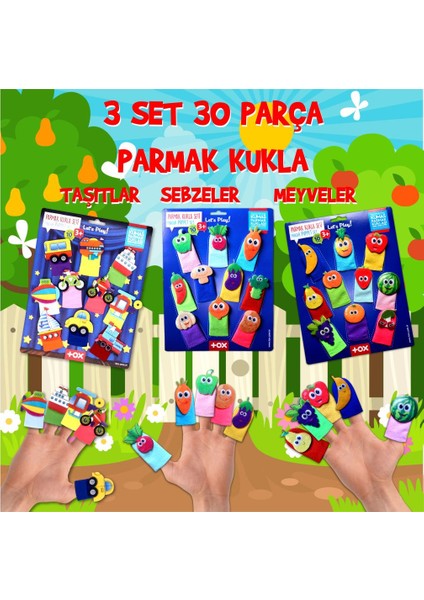 3 Set - 30 Parça Tox Taşıtlar, Meyveler ve Sebzeler Parmak Kukla T181 T104 T105