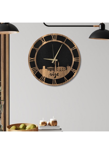 W'clock Ahşap Duvar Saati - Rize Şehir Silüeti