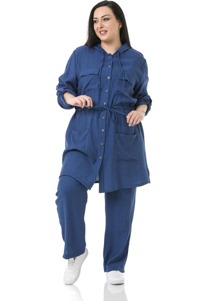 Büyük Beden Kapüşonlu Beli Tünelli Cepli Yanı Yırtmaçlı Aerobin Indigo Ceket