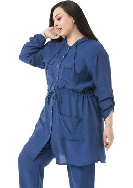 Büyük Beden Kapüşonlu Beli Tünelli Cepli Yanı Yırtmaçlı Aerobin Indigo Ceket fiyatları